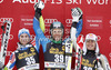 Winner Steven Nyman of USA (middle), second placed Rok Perko of Slovenia (left) and third placed Erik Guay of Canada (right) celebrate their medals won in the Men Downhill race of Audi FIS alpine skiing World Cup in Val Gardena, Italy. Downhill race of Men Audi FIS Alpine skiing World Cup 2012-2013, was held on Saturday, 15th of December 2012, on Saslong course in Val Gardena, Italy.
