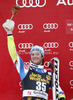 Second placed Rok Perko of Slovenia celebrates his medal won in the Men Downhill race of Audi FIS alpine skiing World Cup in Val Gardena, Italy. Downhill race of Men Audi FIS Alpine skiing World Cup 2012-2013, was held on Saturday, 15th of December 2012, on Saslong course in Val Gardena, Italy.
