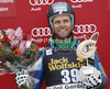 Winner Steven Nyman of USA celebrates his medal won in the Men Downhill race of Audi FIS alpine skiing World Cup in Val Gardena, Italy. Downhill race of Men Audi FIS Alpine skiing World Cup 2012-2013, was held on Saturday, 15th of December 2012, on Saslong course in Val Gardena, Italy.
