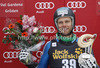 Winner Steven Nyman of USA celebrates his medal won in the Men Downhill race of Audi FIS alpine skiing World Cup in Val Gardena, Italy. Downhill race of Men Audi FIS Alpine skiing World Cup 2012-2013, was held on Saturday, 15th of December 2012, on Saslong course in Val Gardena, Italy.
