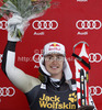 Third placed Erik Guay of Canada celebrates his medal won in the Men Downhill race of Audi FIS alpine skiing World Cup in Val Gardena, Italy. Downhill race of Men Audi FIS Alpine skiing World Cup 2012-2013, was held on Saturday, 15th of December 2012, on Saslong course in Val Gardena, Italy.
