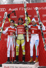 Winner Aksel Lund Svindal of Norway (middle), second placed Matthias Mayer of Austria (left) and third placed Christof Innerhofer of Italy (right) celebrate their medals won in the Men Super G race of Audi FIS alpine skiing World Cup in Kitzbuehel, Austria. Super G race of Men Audi FIS Alpine skiing World Cup 2012-2013, was held on Friday, 25th of January, 2013, on  course Streifalm in Kitzbuehel, Austria.

