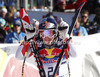 Erik Guay of Canada reacts in the finish of the Men Downhill race of Audi FIS alpine skiing World Cup in Kitzbuehel, Austria. Downhill race of Men Audi FIS Alpine skiing World Cup 2012-2013, was held on Saturday, 26th of January, 2013, on  course Streifalm in Kitzbuehel, Austria.
