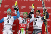 Winner Marcel Hirscher of Austria (middle), second placed Felix Neureuther of Germany (left) and third placed Ivica Kostelic of Croatia (right)  celebrate thier medals won in the Men Slalom race of Audi FIS alpine skiing World Cup in Kitzbuehel, Austria. Slalom race of Men Audi FIS Alpine skiing World Cup 2012-2013, was held on Sunday, 27th of January, 2013, on  course Ganslern in Kitzbuehel, Austria.
