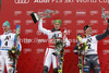 Winner Marcel Hirscher of Austria (middle), second placed Felix Neureuther of Germany (left) and third placed Ivica Kostelic of Croatia (right)  celebrate thier medals won in the Men Slalom race of Audi FIS alpine skiing World Cup in Kitzbuehel, Austria. Slalom race of Men Audi FIS Alpine skiing World Cup 2012-2013, was held on Sunday, 27th of January, 2013, on  course Ganslern in Kitzbuehel, Austria.

