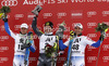 Winner in combination race Ivica Kostelic of Croatia (middle), second placed in combination race Alexis Pinturault of France (left) and third placed Thomas Mermillod Blondin of France (right) celebrate their medals won in the Men Classic Combination race of Audi FIS alpine skiing World Cup in Kitzbuehel, Austria. Slalom race of Men Audi FIS Alpine skiing World Cup 2012-2013, was held on Sunday, 27th of January, 2013, on  course Ganslern in Kitzbuehel, Austria.
