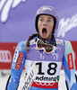 Winner Tina Maze of Slovenia reacts in the finish of the Ladies Super G race of Fis Alpine World Ski Championships 2013 Schladming, Austria, when seeing crash of Lindsey Vonn of USA on big screen. Ladies Super G race of Fis Alpine World Ski Championships 2013 Schladming, was held on Tuesday, 5th of February, 2013, on  course Streicher in Schladming , Austria.
