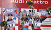 Winner Tina Maze of Slovenia (M), second placed Lara Gut of Switzerland (L) and third placed Julia Mancuso of USA (R) celebrate their medals won in women Super G race of Fis Alpine World Ski Championships 2013 Schladming, Austria. Women Super G race of Fis Alpine World Ski Championships 2013 Schladming, was held on Tuesday, 5th of February, 2013, on  course Streicher in Schladming , Austria.
