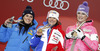 Winner Marion Rolland of France (middle), second placed Nadia Fanchini of Italy (left) and third placed Maria Hoefl - Riesch of Germany (right) celebrate their medals won in the Ladies Downhill race of Fis Alpine World Ski Championships 2013 Schladming, Austria. Ladies Downhill race of Fis Alpine World Ski Championships 2013 Schladming, was held on Sunday, 10th of February, 2013, on  course Streicher in Schladming, Austria.
