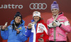 Winner Marion Rolland of France (middle), second placed Nadia Fanchini of Italy (left) and third placed Maria Hoefl - Riesch of Germany (right) celebrate their medals won in the Ladies Downhill race of Fis Alpine World Ski Championships 2013 Schladming, Austria. Ladies Downhill race of Fis Alpine World Ski Championships 2013 Schladming, was held on Sunday, 10th of February, 2013, on  course Streicher in Schladming, Austria.
