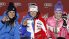 Winner Marion Rolland of France (middle), second placed Nadia Fanchini of Italy (left) and third placed Maria Hoefl - Riesch of Germany (right) celebrate their medals won in the Ladies Downhill race of Fis Alpine World Ski Championships 2013 Schladming, Austria. Ladies Downhill race of Fis Alpine World Ski Championships 2013 Schladming, was held on Sunday, 10th of February, 2013, on  course Streicher in Schladming, Austria.
