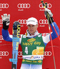 Third placed Alexis Pinturault of France celebrates his medal won in Mens Giant slalom race of Audi FIS Ski World cup Kranjska gora, Slovenija. The Mens Giant Slalom race of Audi FIS Ski World cup 2013 was held on Saturday, 9th of March, 2013, on  course Podkoren in Kranjska gora, Slovenija.
