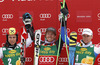 Winner Ted Ligety of USA (middle), second placed Marcel Hirscher of Austria (left) and third placed Alexis Pinturault of France (right) celebrate their medals won in Mens Giant slalom race of Audi FIS Ski World cup Kranjska gora, Slovenija. The Mens Giant Slalom race of Audi FIS Ski World cup 2013 was held on Saturday, 9th of March, 2013, on  course Podkoren in Kranjska gora, Slovenija.

