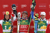 Winner Ted Ligety of USA (middle), second placed Marcel Hirscher of Austria (left) and third placed Alexis Pinturault of France (right) celebrate their medals won in Mens Giant slalom race of Audi FIS Ski World cup Kranjska gora, Slovenija. The Mens Giant Slalom race of Audi FIS Ski World cup 2013 was held on Saturday, 9th of March, 2013, on  course Podkoren in Kranjska gora, Slovenija.
