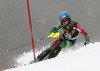 Santeri Paloniemi of Finland skiing in the first run of the Mens Slalom race of Audi FIS Ski World cup Kranjska gora, Slovenija. The Mens Slalom race of Audi FIS Ski World cup 2013 was held on Sunday, 10th of March, 2013, on  course Podkoren in Kranjska gora, Slovenija.
