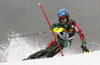 Santeri Paloniemi of Finland skiing in the first run of the Mens Slalom race of Audi FIS Ski World cup Kranjska gora, Slovenija. The Mens Slalom race of Audi FIS Ski World cup 2013 was held on Sunday, 10th of March, 2013, on  course Podkoren in Kranjska gora, Slovenija.

