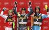 Winner Ivica Kostelic of Croatia (middle), second placed  Marcel Hirscher of Austria (left) and third placed Mario Matt of Austria (right) celebrate their medals won in the Mens Slalom race of Audi FIS Ski World cup Kranjska gora, Slovenija. The Mens Slalom race of Audi FIS Ski World cup 2013 was held on Sunday, 10th of March, 2013, on  course Podkoren in Kranjska gora, Slovenija.
