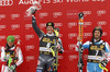 Winner Ivica Kostelic of Croatia (middle), second placed  Marcel Hirscher of Austria (left) and third placed Mario Matt of Austria (right) celebrate their medals won in the Mens Slalom race of Audi FIS Ski World cup Kranjska gora, Slovenija. The Mens Slalom race of Audi FIS Ski World cup 2013 was held on Sunday, 10th of March, 2013, on  course Podkoren in Kranjska gora, Slovenija.
