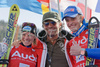 Italian ski legend Alberto Tomba, center, poses with Denise Karbon,left, and Manfred Moelgg after the alpine ski World Cup finals in Bormio, Italy, Saturday, March 15, 2008.
