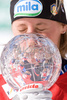 Denise Karbon of Italy kisses the crystal ball trophy of the womens giant slalom discipline title at the alpine ski World Cup finals in Bormio, Italy, Saturday, March 15, 2008.

