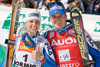 Manuela Moelgg of Italy, left, poses with her brother Manfred after the alpine ski World Cup finals in Bormio, Italy, Saturday, March 15, 2008.
