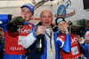 Manfred Moelgg of Italy (L), FISI president Giovanni Morzenti (M) and Denise Karbon (R) celebrate after the alpine ski World Cup finals in Bormio, Italy, Saturday, March 15, 2008.
