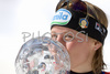 Denise Karbon of Italy kisses the crystal ball trophy of the womens giant slalom discipline title at the alpine ski World Cup finals in Bormio, Italy, Saturday, March 15, 2008.
