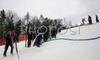 Workers trying to harder track before start of first run of women slalom World Cup race in Maribor, Slovenia. First slalom run of 44th Golden Fox trophy and Women FIS Alpine skiing World Cup was held in Maribor, Slovenia, on 13th of January 2008.
