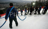 Workers trying to harder track before start of first run of women slalom World Cup race in Maribor, Slovenia. First slalom run of 44th Golden Fox trophy and Women FIS Alpine skiing World Cup was held in Maribor, Slovenia, on 13th of January 2008.
