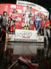 Winner Mario Matt of Austria (M), second placed Jean-Baptiste Grange of France (L), and third placed Manfred Moelgg of Italy (R) celebrate their medals won in men slalom World Cup race in Schladming, Austria. Slalom race of traditional Schladming Night race and Men FIS Alpine skiing World Cup was held in Schladming, Austria, on 22nd of January 2008.
