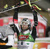 Winner Mario Matt of Austria reacts in finish of second run of men slalom World Cup race in Schladming, Austria. Slalom race of traditional Schladming Night race and Men FIS Alpine skiing World Cup was held in Schladming, Austria, on 22nd of January 2008.
