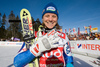 Denise Karbon of Italy celebrates at the finish area showing her fifth victory after winning FIS women alpine skiing World Cup giant slalom race in Ofterschwang, Germany. Giant slalom World cup race in Ofterschwang, Germany, was held on 26th of January 2008.

