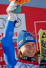 Denise Karbon of Italy celebrates on the podium after winning FIS women alpine skiing World Cup giant slalom race in Ofterschwang, Germany. Giant slalom World cup race in Ofterschwang, Germany, was held on 26th of January 2008.
