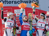 Winner Denise Karbon of Italy (M), second placed Nicole Hosp of Austria (L), and third placed Elisabeth Goergl of Austria (R) celebrate on the podium after FIS women alpine skiing World Cup giant slalom race in Ofterschwang, Germany. Giant slalom World cup race in Ofterschwang, Germany, was held on 26th of January 2008.
