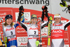 Winner Marlies Schild of Austria (M), second placed Therese Borssen of Sweden (L), and third placed Nicole Hosp of Austria (R) celebrate on the podium after FIS women alpine skiing World Cup slalom race in Ofterschwang, Germany. Slalom World cup race in Ofterschwang, Germany, was held on 27th of January 2008.
