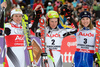 Winner Marlies Schild of Austria (M), second placed Therese Borssen of Sweden (R), and third placed Nicole Hosp of Austria (L) celebrate on the podium after FIS women alpine skiing World Cup slalom race in Ofterschwang, Germany. Slalom World cup race in Ofterschwang, Germany, was held on 27th of January 2008.
