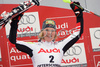 Marlies Schild of Austria celebrates on the podium after winning FIS women alpine skiing World Cup slalom race in Ofterschwang, Germany. Slalom World cup race in Ofterschwang, Germany, was held on 27th of January 2008.
