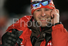 Coach of Finnish team, Janez Slivnik celebrating victory of Tanja Poutiainen after second run of women slalom World Cup race in Zagreb, Croatia. Slalom race of Snow Queen Trophy 2008 and Women FIS Alpine skiing World Cup was held in Zagreb, Croatia, on 15th of February 2008.
