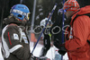 Tanja Poutiainen of Finland (L) and her coach, Janez Slivnik (R) during course inspection before second run of men slalom World Cup race in Zagreb, Croatia. Slalom race of Snow Queen Trophy 2008 and Men FIS Alpine skiing World Cup was held in Zagreb, Croatia, on 17th of February 2008.
