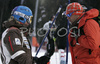 Tanja Poutiainen of Finland (L) and her coach, Janez Slivnik (R) during course inspection before second run of men slalom World Cup race in Zagreb, Croatia. Slalom race of Snow Queen Trophy 2008 and Men FIS Alpine skiing World Cup was held in Zagreb, Croatia, on 17th of February 2008.
