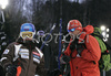 Tanja Poutiainen of Finland (L) and her coach, Janez Slivnik (R) during course inspection before second run of men slalom World Cup race in Zagreb, Croatia. Slalom race of Snow Queen Trophy 2008 and Men FIS Alpine skiing World Cup was held in Zagreb, Croatia, on 17th of February 2008.
