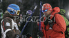 Tanja Poutiainen of Finland (L) and her coach, Janez Slivnik (R) during course inspection before second run of men slalom World Cup race in Zagreb, Croatia. Slalom race of Snow Queen Trophy 2008 and Men FIS Alpine skiing World Cup was held in Zagreb, Croatia, on 17th of February 2008.
