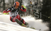Second placed after first run, Ivica Kostelic of Croatia skiing in first run of men slalom World Cup race in Zagreb, Croatia. Slalom race of Men FIS Alpine skiing World Cup was held in Zagreb, Croatia, on 17th of February 2008.
