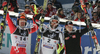 Winner Mario Matt of Austria (M), second placed Ivica Kostelic of Croatia (L), and third placed Reinfried Herbst of Austria (R) celebrating their medals won in men slalom World Cup race in Zagreb, Croatia. Slalom race of Men FIS Alpine skiing World Cup was held in Zagreb, Croatia, on 17th of February 2008.
