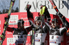Winner Mario Matt of Austria (M), second placed Ivica Kostelic of Croatia (L), and third placed Reinfried Herbst of Austria (R) celebrating their medals won in men slalom World Cup race in Zagreb, Croatia. Slalom race of Men FIS Alpine skiing World Cup was held in Zagreb, Croatia, on 17th of February 2008.
