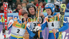 Winner Ted Ligety of USA (M), second placed Manfred Moelgg of Italy (R) and third placed Massimiliano Blardone of Italy (L) celebrate their medals won in men giant slalom World Cup race in Kranjska Gora, Slovenia. Giant slalom race of Men FIS Alpine skiing World Cup was held in Kranjska Gora, Slovenia, on 8th of March 2008.
