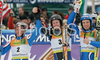 Winner Ted Ligety of USA (M), second placed Manfred Moelgg of Italy (R) and third placed Massimiliano Blardone of Italy (L) celebrate their medals won in men giant slalom World Cup race in Kranjska Gora, Slovenia. Giant slalom race of Men FIS Alpine skiing World Cup was held in Kranjska Gora, Slovenia, on 8th of March 2008.
