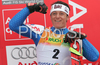 Third placed Massimiliano Blardone of Italy celebrates his success in men giant slalom World Cup race in Kranjska Gora, Slovenia. Giant slalom race of Men FIS Alpine skiing World Cup was held in Kranjska Gora, Slovenia, on 8th of March 2008.
