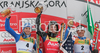 Winner Ted Ligety of USA (M), second placed Manfred Moelgg of Italy (L) and third placed Massimiliano Blardone of Italy (R) celebrate their medals won in men giant slalom World Cup race in Kranjska Gora, Slovenia. Giant slalom race of Men FIS Alpine skiing World Cup was held in Kranjska Gora, Slovenia, on 8th of March 2008.
