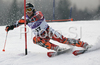 Jukka Leino of Finland  skiing in first run of men slalom World Cup race in Kranjska Gora, Slovenia. Slalom race of Men FIS Alpine skiing World Cup was held in Kranjska Gora, Slovenia, on 9th of March 2008.
